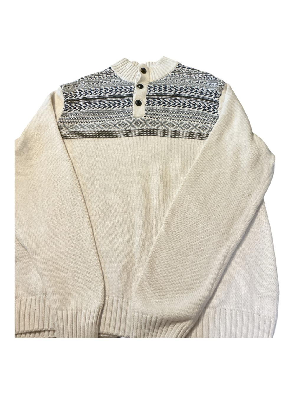 Chaps Cream Crewneck Sweater with Navy and Gray Fair Isle Yoke